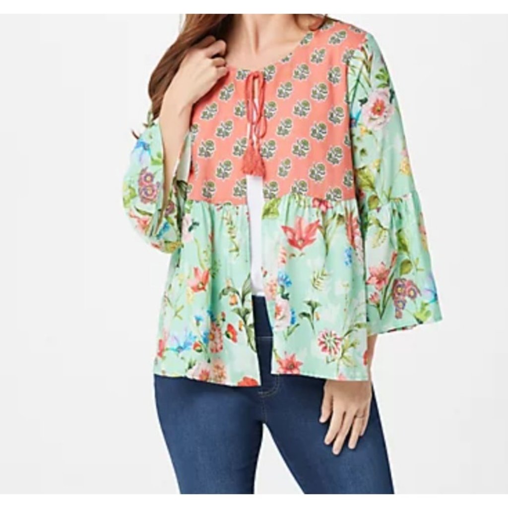 Tolani Collection Printed Front Peplum Top With Tassels Mint Floral Size Small
